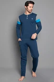 Kol Şeritli Uzun Kol Erkek Pijama Takımı İndigo thumbnail 2