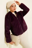 Kapüşonlu Kısa Kaşe Ceket Mürdüm - 1