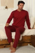Yaka Düğmeli İnterlok Erkek Pijama Takımı Bordo thumbnail 2