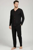 Düğmeli Büyük Beden İnterlok Erkek Pijama Takım Siyah thumbnail 1