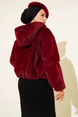 Kapüşonlu Kısa Kaşe Ceket Bordo - 3