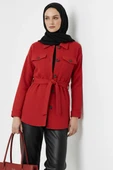 Kuşaklı Düğmeli Kaşe Ceket Kırmızı - 2