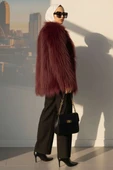 Kruvaze Yaka Kürklü Mont Bordo thumbnail 3