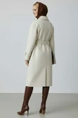 Kuşaklı Düğmeli Kaşe Kaban Bej - 3