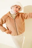 Kapüşonlu Kısa Kaşe Ceket Camel - 1