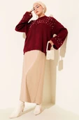 Çiçekli İnci İşlemeli Triko Kazak Bordo thumbnail 2