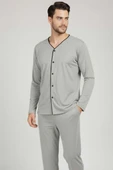 Düğmeli Büyük Beden İnterlok Erkek Pijama Takım Gri thumbnail 2