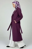 Kuşaklı Düğme Detaylı Kaşe Kaban Mor thumbnail 2