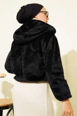 Kapüşonlu Kısa Kaşe Ceket Siyah - 3