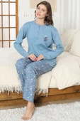 Çiçek Nakış Detaylı İnterlok Pijama Takımı Mavi thumbnail 2