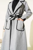 Midye Dikişli Kuşaklı Kaşe Kaban Gri - 4
