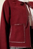 Deri Biyeli Kaşe Kısa Ceket Bordo - 4