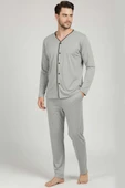 Düğmeli Büyük Beden İnterlok Erkek Pijama Takım Gri thumbnail 1