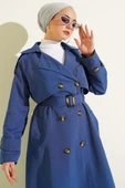 Kruvaze Pelerinli Kuşaklı Trençkot İndigo thumbnail 2