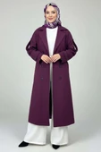 Kuşaklı Düğme Detaylı Kaşe Kaban Mor thumbnail 1