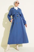 Kruvaze Pelerinli Kuşaklı Trençkot İndigo thumbnail 1
