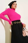 Balıkçı Yaka Parmak Geçirmeli Triko Kazak Fusya thumbnail 1