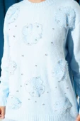 Tül Çiçekli Taşlı Triko Tunik Mavi thumbnail 4