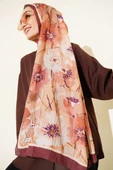 Çiçek Desenli Soft Bambu Kraş Şal Kahve thumbnail 1