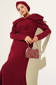 Omuz Büzgülü Dabıl Abiye Elbise Bordo thumbnail 2