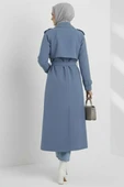 Kruvaze Pelerinli Kuşaklı Trençkot Mavi thumbnail 3