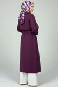 Kuşaklı Düğme Detaylı Kaşe Kaban Mor thumbnail 3