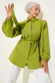 İp Kuşaklı Omuz Pelerinli Gömlek Fıstık Yeşili thumbnail 1