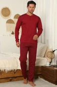 Yaka Düğmeli İnterlok Erkek Pijama Takımı Bordo thumbnail 1