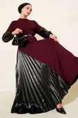 Deri Garnili Kemerli Elbise Bordo thumbnail 1