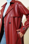 Tek Düğmeli Kuşaklı Deri Trençkot Bordo - 4
