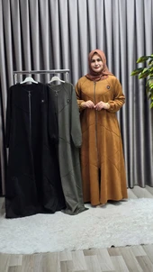 Kadın Giyim Büyük Beden Tam Boy Baklava Desenli Uzun Süet Pardesü thumbnail 2