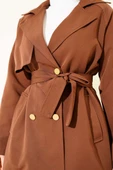 Tek Omuz Apoletli Düğmeli Trençkot Kahve thumbnail 4