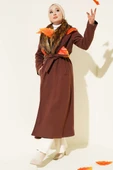 Yaka Kürklü Kuşaklı Uzun Kaban Kahve thumbnail 1