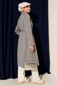 Gold Düğmeli Kuşaklı Kaşe Kaban Gri thumbnail 3