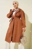 Cepli Kuşaklı Kruvaze Yaka Kaşe Kaban Latte thumbnail 2