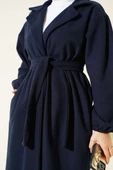 Cepli Kuşaklı Kruvaze Yaka Kaşe Kaban Lacivert - 4
