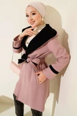 Kapüşonlu Kuşaklı Kaşe Kaban Pudra thumbnail 2