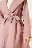 Kapüşonlu Kuşak Detaylı Kaşe Kaban Pudra thumbnail 4