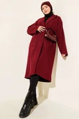 Kruvaze Yaka İki Düğmeli Detaylı Kaşe Kaban Bordo thumbnail 2