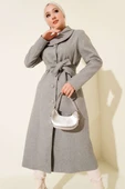 Yaka Düğmeli Kuşaklı Kaşe Kaban Gri thumbnail 1