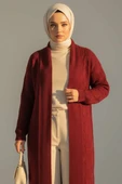 Şal Yaka Örgü Desenli Uzun Triko Hırka Bordo thumbnail 1
