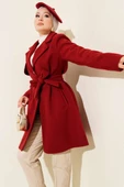 Tek Omuz Apoletli Düğme Detaylı Kaşe Kaban Bordo thumbnail 1