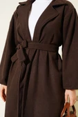 Cepli Kuşaklı Kruvaze Yaka Kaşe Kaban Kahve thumbnail 4