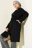 Kruvaze Yaka Belden Kuşaklı Kaban Siyah thumbnail 2