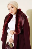 Yaka Kürklü Kuşaklı Uzun Kaban Bordo thumbnail 2