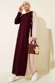 Düğmeli Yandan Bağlamalı Bisiklet Yaka Elbise Bordo thumbnail 1
