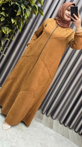 Kadın Giyim Büyük Beden Tam Boy Baklava Desenli Uzun Süet Pardesü thumbnail 1