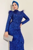Omuzları Tüylü Pul Payet Abiye Elbise Saks thumbnail 2