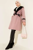 Kapüşonlu Kuşaklı Kaşe Kaban Pudra thumbnail 1