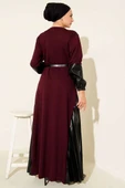 Deri Garnili Kemerli Elbise Bordo thumbnail 3